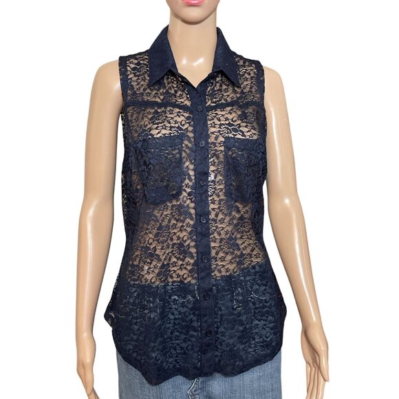 NWT Zenana Outfitters Navy Blue Lace Button Down Shirt Size Large - Picture 1 of 3